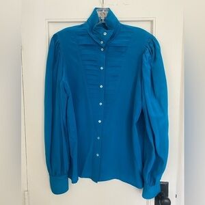 Vintage Escada Silk Cobalt Blue High Neck Blouse Size 38